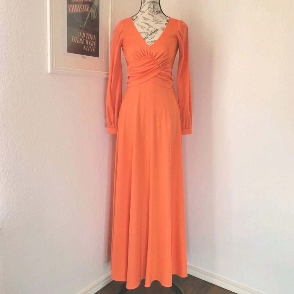 Vintage 70s Orange Maxi Dress With Criss Cross Tie Back Detail Small